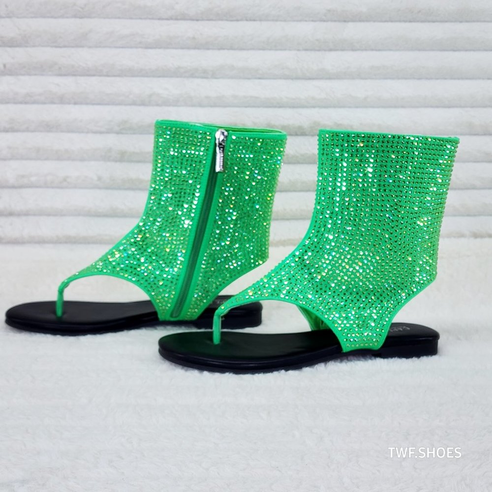 Just Doit Rhinestones Flat Bootie Thong Sandals Green
